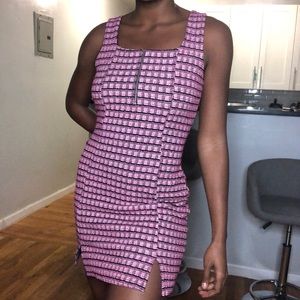 Square neckline pink tweed mini dress!